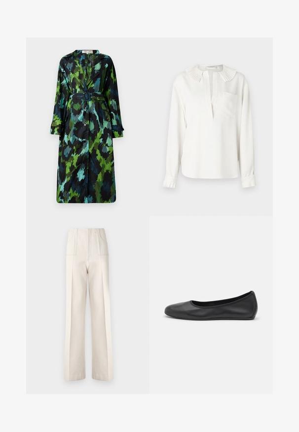 Μακρύ, ελαφρύ παλτό trench με μοτίβο πράσινης και μαύρης παραλλαγής, ζωνάκι στη μέση, κουμπωτό κλείσιμο και άνετη εφαρμογή με μεγάλες τσέπες.; Λευκό μπλουζάκι με μακριά μανίκια και πλισέ γιακά, μπροστινό κουμπί και μία τσέπη στο στήθος. Διαθέτει συγκεντρωμένα μανίκια με λεπτομέρειες πλισέ.; Μπεζ παντελόνι wide-leg με ψηλή μέση, δύο μπροστινές τσέπες και εμφανείς λεπτομέρειες ραφής. Φτιαγμένο από ένα λείο, ελαφρύ ύφασμα.; Μαύρο δερμάτινο μπαλαρίνι με στρογγυλή μύτη, λεία υφή, ελάχιστες λεπτομέρειες ραφής και σχεδίαση ευέλικτης σόλας.