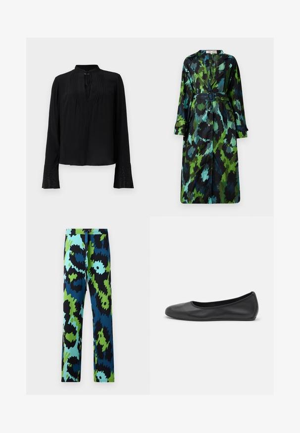 Langer, leichter Trenchcoat mit einem grün-schwarzen Tarnmuster, tailliert mit einem Gürtel, Knopfverschluss und legerer Passform mit großen Taschen.; Schwarze Bluse mit langen Ärmeln, kragenlosem Design, gefälteter Vorderseite und detaillierten Manschetten mit komplizierten Verzierungen. Glatte Textur.; Bunte Hose mit einem auffälligen abstrakten Muster in Schwarz, Blau und Grün. Hergestellt aus glattem Stoff mit verstellbarem Bund.; Schwarze Leder-Ballettschuhe mit abgerundeter Spitze, glatter Textur, minimalen Nähdetails und einem flexiblen Sohlen-Design.