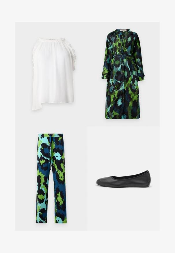 Long, lightweight trench coat featuring a green and black camo pattern, belted waist, button closure, and relaxed fit with large pockets.; White sleeveless top made from lightweight, textured fabric. Features ruffled accents along the neckline and shoulders. Asymmetrical hem.; Multicolored pants featuring a bold abstract pattern in black, blue, and green. Made of smooth fabric with a drawstring waist.; Black leather ballet flat with a rounded toe, smooth texture, minimal stitching detail, and a flexible sole design.