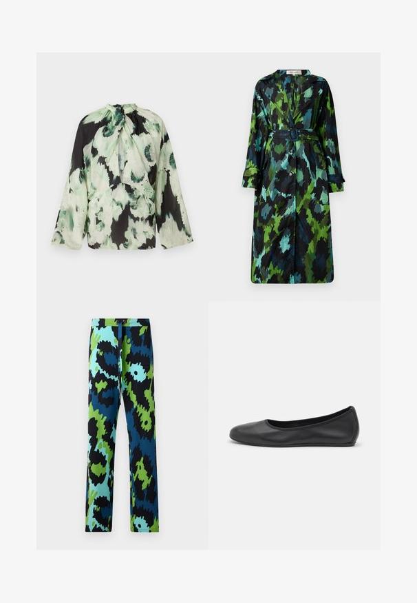 Trench coat lungo e leggero con un motivo camouflage verde e nero, vita con cintura, chiusura a bottoni e vestibilità comoda con grandi tasche.; Blusa a maniche lunghe in tessuto leggero, con una base nera decorata da un motivo floreale astratto verde e un design con nodo al collo.; Pantaloni multicolore con un audace motivo astratto in nero, blu e verde. Realizzati in tessuto morbido con vita regolabile.; Pantofole da balletto nere in pelle con punta arrotondata, texture liscia, dettagli di cucitura minimi e design con suola flessibile.