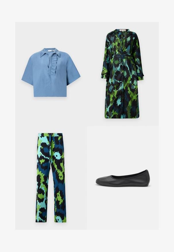 Hosszú, könnyű trench coat, zöld és fekete kamuflázs mintával, övvel a deréknál, gombos záródással és laza szabással, nagy zsebekkel.; Rövid ujjú, sima szövetből készült kék ing, gombolható gallérral és fodros légzéssel az elején. Rövidített fazon.; Többszínű nadrág, élénk absztrakt mintával feketével, kékkel és zölddel. Simább anyagból készült, húzózsinóros derékkal.; Fekete bőr balettcipő lekerekített orral, sima tekstúrával, minimális varrással és rugalmas talp kialakítással.