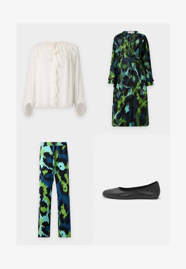 Ilgas, lengvas tranšėjos paltas su žaliai juodu kamufliažo raštu, diržu liemeniui, mygtukų užsegimu ir laisvu siluetu su didelėmis kišenėmis.; Balta, ilgomis rankovėmis palaidinė su volanų apykakle ir rankogaliais. Minkštas, lengvas audinys su susiraukšlėjimo detalėmis pečių ir rankovių srityje.; Daugiakampės kelnės su drąsia abstrakčia raštu juoda, mėlyna ir žalia spalvomis. Pagamintos iš glotnaus audinio su raišteliu juosmenyje.; Juodai odiniai baletai su apvaliu pirštu, lygi texture, minimalus siuvimo detales ir lanksčiu padų dizainu.