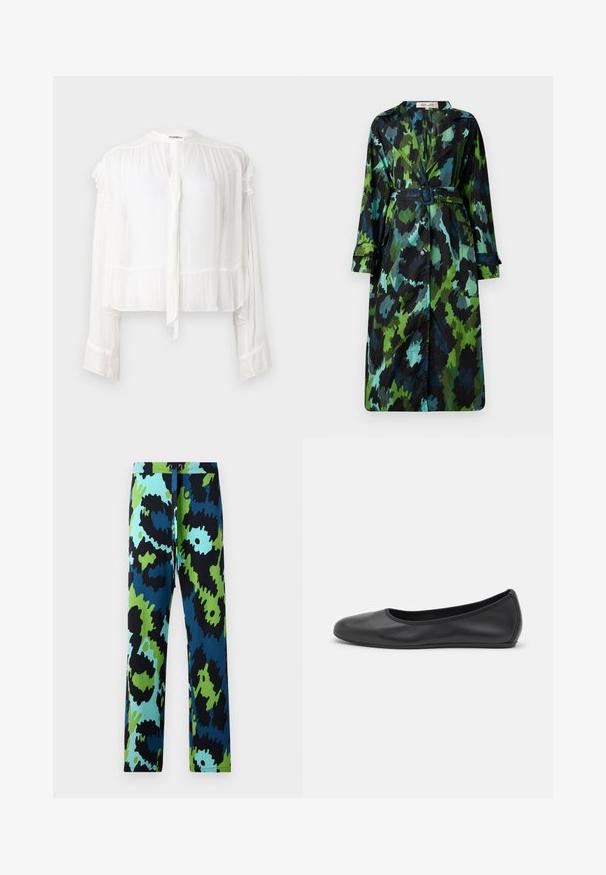 Dlouhý, lehký trenčkot s zeleno-černým maskáčovým vzorem, páskem v oblasti pasu, zapínáním na knoflíky a volným střihem s velkými kapsami.; Bílá halenka s dlouhým rukávem vyrobená z lehkého materiálu. Má volánkový výstřih a manžety, s detailem vázání v přední části. Krátký střih.; Multicolorní kalhoty s výrazným abstraktním vzorem v černé, modré a zelené barvě. Vyrobené z hladkého materiálu s elastickým pasem na šňůrku.; Černé kožené baletní byty s kulatou špičkou, hladkou texturou, minimálními švy a flexibilním designem podrážky.