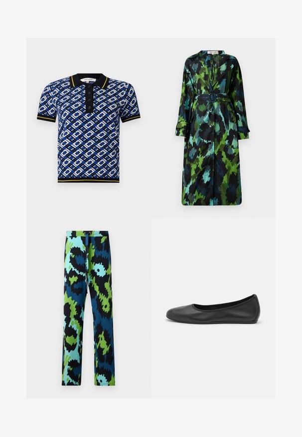 Casaco trench longo e leve com um padrão de camuflagem verde e preto, cintura com cinto, fecho de botão e corte descontraído com bolsos grandes.; Camisa polo azul e branca com padrões, gola preta e detalhes amarelos, apresentando um fecho de botão e punhos com ribetes.; Calças multicoloridas com um ousado padrão abstrato em preto, azul e verde. Feitas de um tecido suave com um cós ajustável.; Bailarina preta em pele com bico arredondado, textura suave, detalhe de costura minimalista e design de sola flexível.