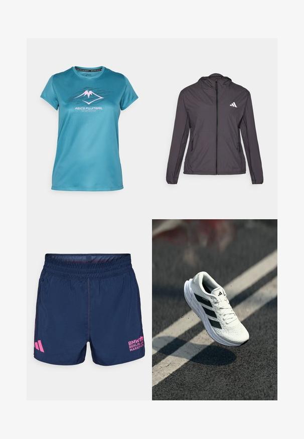 Lett, mørkegrå zip-up jakke med hette, som har en hvit logo på venstre bryst og to sidelommer. Glatt tekstur.; Teal prestasjons t-skjorte laget av glatt, fukttransporterende stoff. Har et rosa og svart fjellgrafikk og rund hals.; adidas Performance BER25 OTR SHORTS - Sports shorts - collegiate navy; Hvit joggesko med texturert overdel, svart trestripesdesign, polstret krage og lett såle, plassert midt i luften over en veiroverflate.