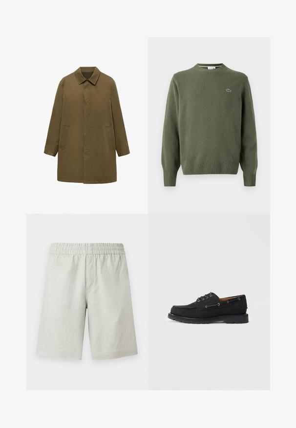 Cappotto verde oliva, lungo fino al ginocchio, realizzato in tessuto liscio, con colletto, placca frontale nascosta e due tasche laterali.; Maglione a maglia verde oliva con scollo rotondo, polsini e orlo a costine, e un piccolo logo ricamato sul lato sinistro del petto.; Pantaloncini grigio chiaro realizzati in tessuto strutturato, con fascia elastica in vita e tasche laterali; design a taglio dritto.; Scarpe da barca in suede nero con chiusura a lacci, occhielli in metallo, cuciture a contrasto e suola in gomma robusta per una migliore aderenza.