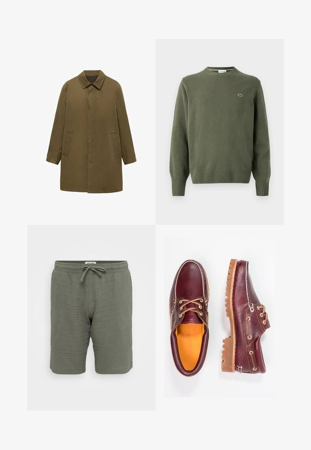 Olive green, knee-length coat made of smooth fabric, featuring a collared neck, hidden front placket, and two side pockets.; Olive green knit sweater featuring a round neckline, ribbed cuffs, and hem, with a small embroidered logo on the left chest.; Lightweight, olive green shorts made from textured fabric. Features an elastic waistband with a drawstring, side pockets, and a relaxed fit.; Burgundy leather shoes with brown rubber soles, round toe, white stitching, and gold eyelets. Interior features a yellow lining.