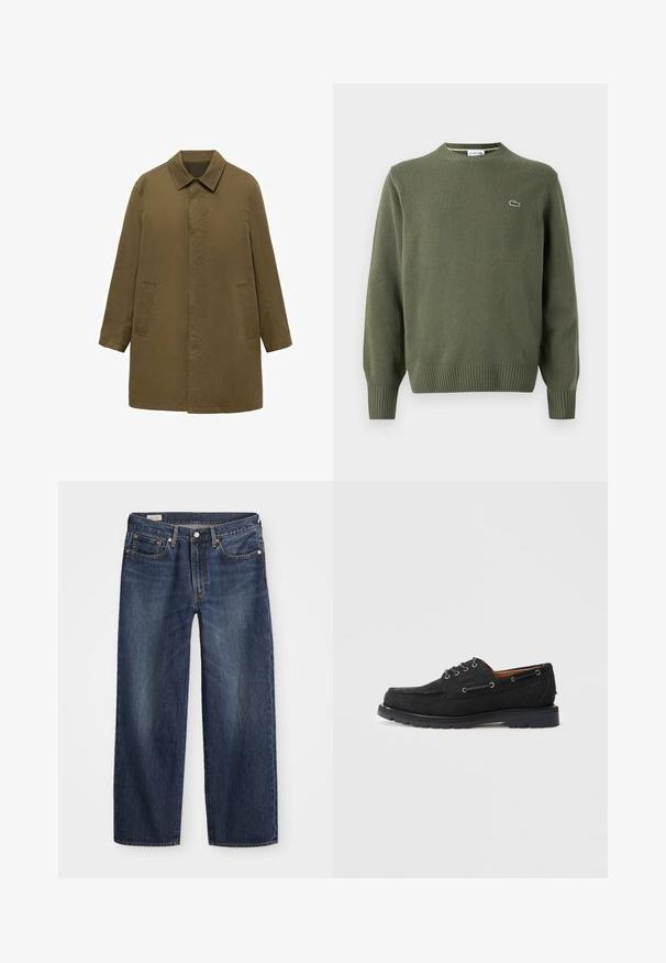 Olivno zelena, plašč do kolen, izdelan iz gladkega blaga, z ovratnikom, skritim sprednjim zapenjanjem in dvema stranskima žepoma.; Olivno zelena pletena jopica z okroglim izrezom, rebrastimi manšetami in robom, z majhnim vezenim logotipom na levem prsnem delu.; Temno modri kavbojki z ravnim krojem, petimi žepi, kovinskim gumbom in zadrgo ter subtilnimi potezami za pranje.; Črne semiš čolnarske čevlje z vezalkami, kovinskimi očesci, kontrastnim šivom in robustnim gumijastim podplatom za oprijem.