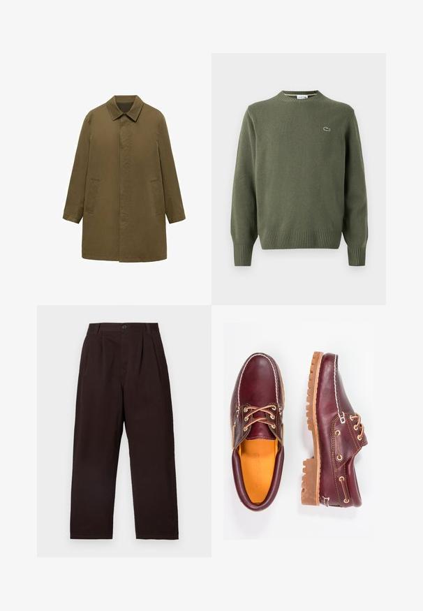 Cappotto verde oliva, lungo fino al ginocchio, realizzato in tessuto liscio, con colletto, placca frontale nascosta e due tasche laterali.; Maglione a maglia verde oliva con scollo rotondo, polsini e orlo a costine, e un piccolo logo ricamato sul lato sinistro del petto.; Pantaloni marrone scuro a pieghe con chiusura a bottone, realizzati in cotone morbido. Presentano gambe dritte e una texture sottile.; Scarpe in pelle bordeaux con suole in gomma marrone, punta rotonda, cuciture bianche e occhielli dorati. L'interno presenta un rivestimento giallo.