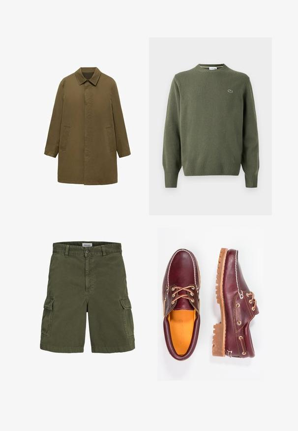 Olive green, knee-length coat made of smooth fabric, featuring a collared neck, hidden front placket, and two side pockets.; Olive green knit sweater featuring a round neckline, ribbed cuffs, and hem, with a small embroidered logo on the left chest.; Olive green cargo shorts made of cotton, featuring a zip fly, belt loops, side pockets, and a straight cut design.; Burgundy leather shoes with brown rubber soles, round toe, white stitching, and gold eyelets. Interior features a yellow lining.