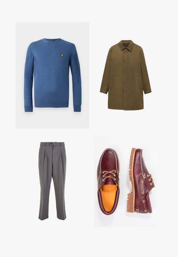 Olive green, knee-length coat made of smooth fabric, featuring a collared neck, hidden front placket, and two side pockets.; Blue crew-neck sweater made of soft fabric, featuring long sleeves and a small yellow embroidered logo on the left chest.; Gray pleated trousers made of smooth fabric, featuring a straight cut, a single button closure, and belt loops. Minimalist design.; Burgundy leather shoes with brown rubber soles, round toe, white stitching, and gold eyelets. Interior features a yellow lining.