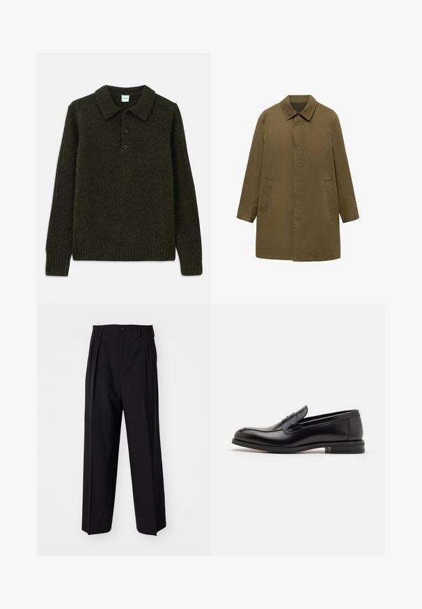 Manteau vert olive, longueur genoux, fabriqué en tissu lisse, doté d'un col, d'une patte de boutonnage cachée à l'avant et de deux poches latérales.; Pull en tricot vert foncé avec col, patte de boutonnage à quatre boutons, tissu texturé, poignets et ourlet côtelés, offrant une apparence chaleureuse.; Pantalons plissés noirs avec un design droit et large. Fabriqués en tissu lisse, avec une fermeture à bouton et des passants de ceinture.; Mocassins en cuir noir avec une texture lisse, bout rond et une sangle décorative sur le dessus. Talon bas empilé, design minimaliste.