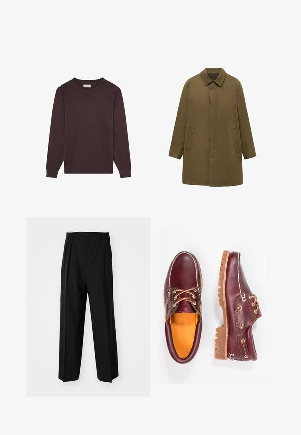 Mantou verde măsliniu, până la genunchi, fabricat dintr-un material neted, având guler cu gât, plachetă frontală ascunsă și două buzunare laterale.; Scalpers ROUND NECK - Pulover - burgundy; Pantaloni negri plisat cu un design drept și pantaloni largi. Construiți dintr-un material neted, prevăzuți cu închidere cu nasture și bucle pentru curea.; Pantofi din piele burgundă cu talpă din cauciuc brun, vârf rotund, cusături albe și gauri aurii pentru șireturi. Interiorul are un căptușeală galbenă.