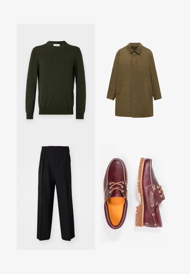 Olivgrüner, knielanger Mantel aus glattem Stoff, mit Kragen, verdeckter Knopfleiste und zwei seitlichen Taschen.; Dunkelgrüner Pullover aus einem strukturierten Wollmix, mit Rundhalsausschnitt und langen Ärmeln, ribbelten Bündchen und Saum.; Graues Langarm-Polohemd aus einem weichen Stoff, mit einem klassischen Kragen und einer dreiknöpfigen Knopfleiste vorne.; Schwarze, plissierte Hose mit geradem, weitem Bein. Hergestellt aus glattem Stoff, mit Knopfverschluss und Gürtelschlaufen.; Bordeauxfarbene Lederschuhe mit braunen Gummisohlen, runder Zehenform, weißen Nähten und goldenen Ösen. Das Innenfutter weist eine gelbe Beschichtung auf.