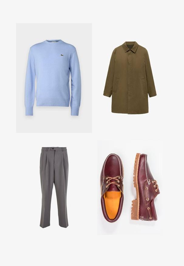 Olivgrön, knä-lång kappa gjord av slät tyg, med krage, dold framknäppning och två sidofickor.; Ljusblå stickad tröja med ribbad nederkant och ärmslut, prydd med en liten grön krokodil-logga på bröstet. Klassisk rundhalsad design.; Grå plisserade byxor i mjukt tyg, med rak passform, en enkel knappstängning och bälteshällor. Minimalistisk design.; Burgundy läderskor med bruna gummisulor, rund tå, vit söm och gyllene öljetter. Inredningen har en gul foder.
