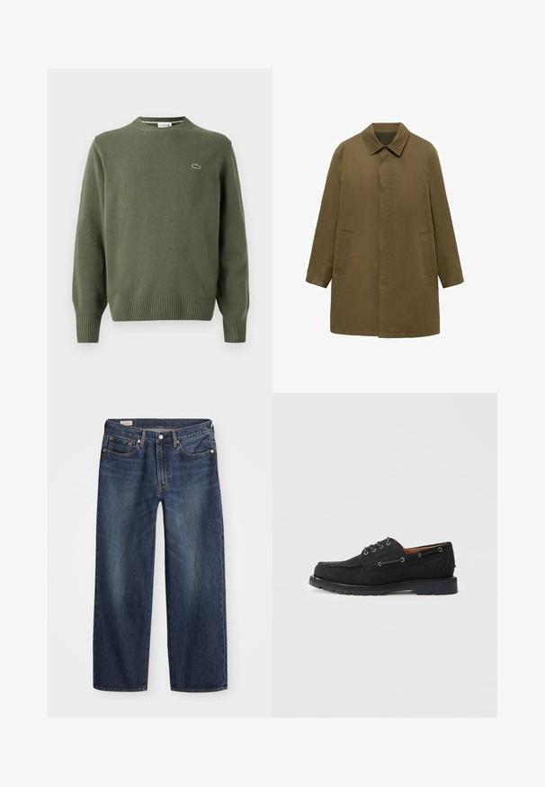 Olivno zelena, plašč do kolen, izdelan iz gladkega blaga, z ovratnikom, skritim sprednjim zapenjanjem in dvema stranskima žepoma.; Olivno zelena pletena jopica z okroglim izrezom, rebrastimi manšetami in robom, z majhnim vezenim logotipom na levem prsnem delu.; Temno modri kavbojki z ravnim krojem, petimi žepi, kovinskim gumbom in zadrgo ter subtilnimi potezami za pranje.; Črne semiš čolnarske čevlje z vezalkami, kovinskimi očesci, kontrastnim šivom in robustnim gumijastim podplatom za oprijem.