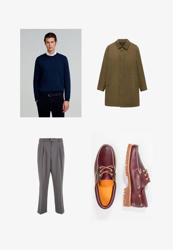 Cappotto verde oliva, lungo fino al ginocchio, realizzato in tessuto liscio, con colletto, placca frontale nascosta e due tasche laterali.; Maglione navy realizzato in tessuto a maglia, con scollatura rotonda, maniche lunghe e un logo discreto sul petto, abbinato a pantaloni scuri e cintura.; Pantaloni grigi plissettati in tessuto liscio, con taglio dritto, chiusura con un bottone e passanti per cintura. Design minimalista.; Scarpe in pelle bordeaux con suole in gomma marrone, punta rotonda, cuciture bianche e occhielli dorati. L'interno presenta un rivestimento giallo.