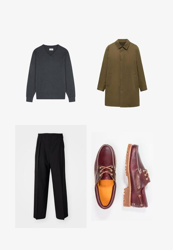 Olivově zelený, kabát do kolen vyrobený z hladké tkaniny, s límečkem, skrytým předním zapínáním a dvěma bočními kapsami.; Scalpers V NECK - Svetr - greyish blue; Černé skládací kalhoty s rovnými, širokými nohavicemi. Vyrobené z hladké tkaniny, se zapínáním na knoflík a poutky na opasek.; Burgundské kožené boty s hnědými gumovými podrážkami, kulatou špičkou, bílým prošíváním a zlatými očky. Interiér obsahuje žlutou podšívku.