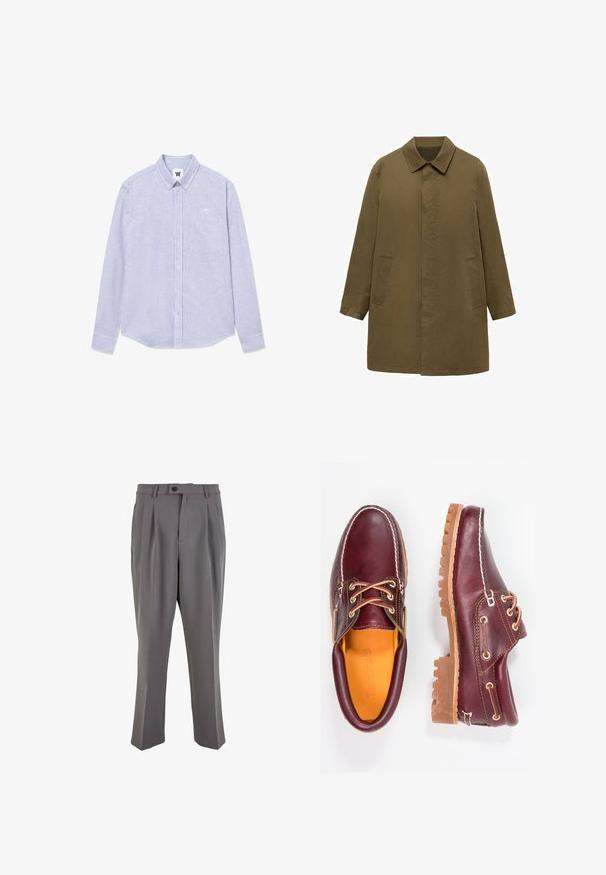 Olivno zelena, plašč do kolen, izdelan iz gladkega blaga, z ovratnikom, skritim sprednjim zapenjanjem in dvema stranskima žepoma.; Modra in bela črtasta majica z dolgimi rokavi, ovratnikom na gumb, žepom na prsih in logotipom na levi strani. Pameten material.; Sive plisirane hlače iz gladkega materiala, s pravim krojem, enim gumbom za zapiranje in zankami za pas. Minimalističen dizajn.; Burgundske usnjene čevlje z rjavimi gumijastimi podplati, okrogla kapica, beli šivi in zlate luknje za vezalke. Notranjost je obložena s rumeno podlogo.
