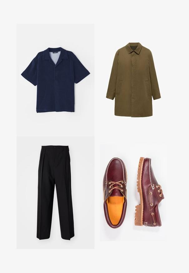 Olivgrüner, knielanger Mantel aus glattem Stoff, mit Kragen, verdeckter Knopfleiste und zwei seitlichen Taschen.; Marineblaues kurzärmliges Hemd aus weicher Stoffqualität. Besitzt einen umgeschlagenen Kragen und eine durchgeknöpfte Vorderseite. Glatte Textur ohne Muster.; Schwarze, plissierte Hose mit geradem, weitem Bein. Hergestellt aus glattem Stoff, mit Knopfverschluss und Gürtelschlaufen.; Bordeauxfarbene Lederschuhe mit braunen Gummisohlen, runder Zehenform, weißen Nähten und goldenen Ösen. Das Innenfutter weist eine gelbe Beschichtung auf.