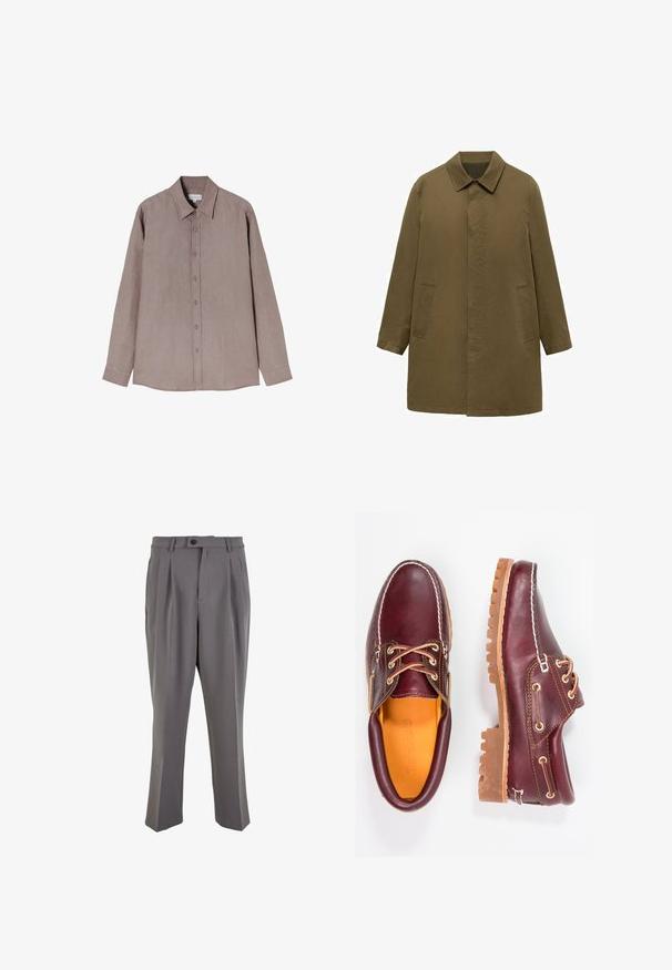 Maslinasto zeleni kaput do koljena izrađen od glatkog materijala, s ovratnikom, skrivenim prednjim kopčanjem i dva bočna džepa.; Košulja dugih rukava u prigušenoj smeđoj nijansi, izrađena od teksturiranog materijala. Ima ovratnik i dugmiće na prednjem dijelu, te sive gumbe.; Sive plisirane hlače od glatke tkanine, s ravnim krojem, jednim kopčanjem na dugme i petljama za remen. Minimalistički dizajn.; Burgundske kožne cipele s smešnim gumenim potplatima, okruglim vrhom, bijelim šavovima i zlatnim rupama za vezivanje. Unutrašnjost ima žutu podstavu.
