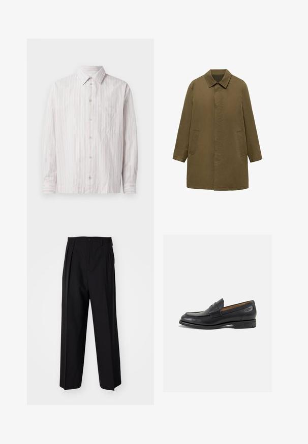 Olivovo zelený kabát po kolená vyrobený z hladkej tkaniny, s golierom, skrytým predným uzáverom a dvoma bočnými vreckami.; Biela košeľa na gombíky s tenkými ružovými vertikálnymi pruhmi, špicatým golierom, dlhými rukávmi, jednou náprsné vrecko a okrúhlym lemom.; Čierne skladané nohavice s rovnom, širokým strihom. Vyrobené z hladkého materiálu, s gombíkovým zapínaním a pútkami na opasok.; Čierne kožené mokasíny s hladkým povrchom, zaoblenou špičkou a dekoratívnym prešívaním na prednej časti. Nízky kokteilový opätok a jemný lesk.