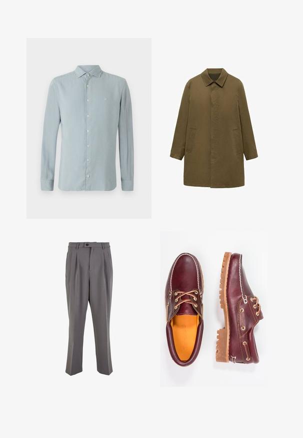 Olivengrøn, knælange frakke lavet af glat stof, med krave, skjult frontlukning og to sidelommer.; Lyseblå langærmet skjorte lavet af blødt stof. Har en spids krave, knaplukning foran og et lille broderet logo på brystet.; Grå plisserede bukser lavet af glat stof, med lige snit, en enkelt knaplukning og bæltestropper. Minimalistisk design.; Bordeaux lædersko med brune gummisåler, rund tå, hvid syning og gyldne snøringer. Indersiden har et gult for.