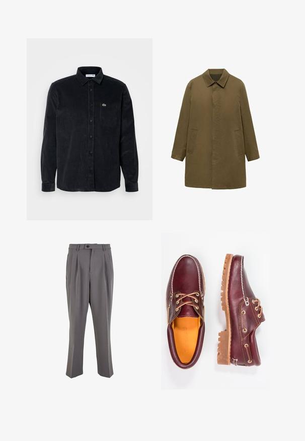 Cappotto verde oliva, lungo fino al ginocchio, realizzato in tessuto liscio, con colletto, placca frontale nascosta e due tasche laterali.; Camicia nera in corduroy a maniche lunghe con chiusura a bottoni, colletto a punta e taschino sul lato sinistro del petto con un piccolo logo verde.; Pantaloni grigi plissettati in tessuto liscio, con taglio dritto, chiusura con un bottone e passanti per cintura. Design minimalista.; Scarpe in pelle bordeaux con suole in gomma marrone, punta rotonda, cuciture bianche e occhielli dorati. L'interno presenta un rivestimento giallo.