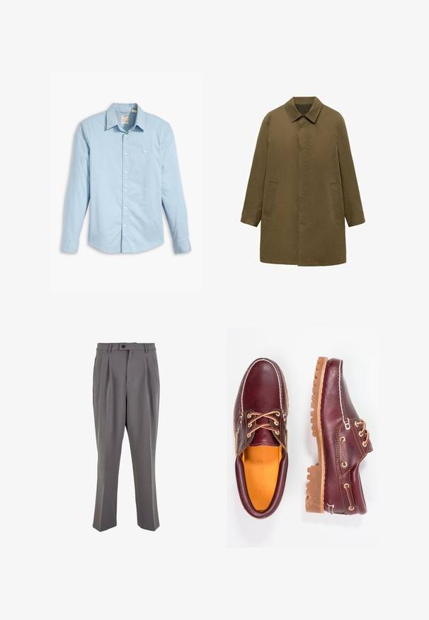 Olivgrön, knä-lång kappa gjord av slät tyg, med krage, dold framknäppning och två sidofickor.; Ljusblå långärmad skjorta med knappar i bomull, med en klassisk krage, vita knappar och en liten logotyp på vänster bröst.; Grå plisserade byxor i mjukt tyg, med rak passform, en enkel knappstängning och bälteshällor. Minimalistisk design.; Burgundy läderskor med bruna gummisulor, rund tå, vit söm och gyllene öljetter. Inredningen har en gul foder.