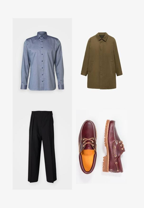 Cappotto verde oliva, lungo fino al ginocchio, realizzato in tessuto liscio, con colletto, placca frontale nascosta e due tasche laterali.; OLYMP No. Six SIX SUPER SLIM - Camicia elegante - marine; Pantaloni neri a pieghe con un design dritto e gamba larga. Realizzati in tessuto morbido, con chiusura a bottone e passanti per cintura.; Scarpe in pelle bordeaux con suole in gomma marrone, punta rotonda, cuciture bianche e occhielli dorati. L'interno presenta un rivestimento giallo.