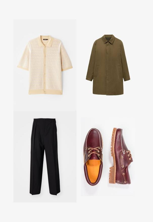 Olivno zelena, plašč do kolen, izdelan iz gladkega blaga, z ovratnikom, skritim sprednjim zapenjanjem in dvema stranskima žepoma.; Bežna polo majica s kratkimi rokavi z teksturiranim pletenim vzorcem in gumbi spredaj. Ima enobarven ovratnik in kontrastne detajle.; Črne nabirane hlače s ravnim, širokim krojem. Narejene so iz gladkega materiala in imajo zadrgo ter pasne zanke.; Burgundske usnjene čevlje z rjavimi gumijastimi podplati, okrogla kapica, beli šivi in zlate luknje za vezalke. Notranjost je obložena s rumeno podlogo.