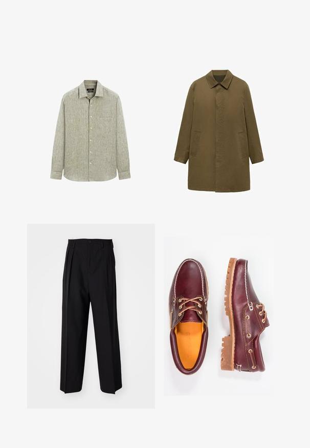 Olivengrøn, knælange frakke lavet af glat stof, med krave, skjult frontlukning og to sidelommer.; Lys grøn langærmet skjorte med knapper lavet af tekstureret stof. Har en brystlomme og en klassisk krave med knaplukning.; Sorte plisserede bukser med et lige, bred ben-design. Fremstillet af glat stof, med en knaplukning og bæltesløjfer.; Bordeaux lædersko med brune gummisåler, rund tå, hvid syning og gyldne snøringer. Indersiden har et gult for.