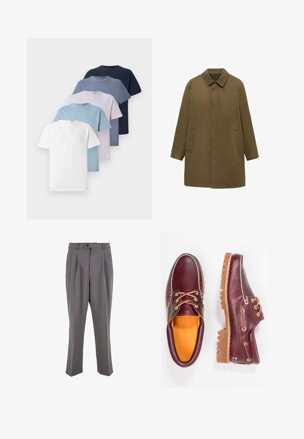 Olivno zelena, plašč do kolen, izdelan iz gladkega blaga, z ovratnikom, skritim sprednjim zapenjanjem in dvema stranskima žepoma.; Pet kretnik majice s okruglim izrezom u različitim bojama: bijela, svijetloplava, svijetlo ljubičasta, tamnoplava i mornarsko plava. Izrađene su od pamuka i imaju kratke rukave.; Sive plisirane hlače iz gladkega materiala, s pravim krojem, enim gumbom za zapiranje in zankami za pas. Minimalističen dizajn.; Burgundske usnjene čevlje z rjavimi gumijastimi podplati, okrogla kapica, beli šivi in zlate luknje za vezalke. Notranjost je obložena s rumeno podlogo.