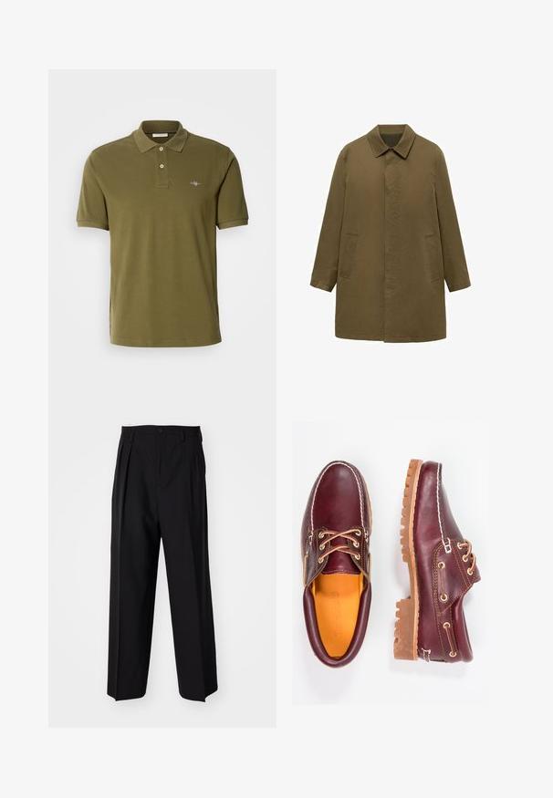 Cappotto verde oliva, lungo fino al ginocchio, realizzato in tessuto liscio, con colletto, placca frontale nascosta e due tasche laterali.; Polo verde oliva realizzato in cotone, dotato di un colletto con tre bottoni, maniche corte e un logo ricamato sul lato sinistro del petto.; Pantaloni neri a pieghe con un design dritto e gamba larga. Realizzati in tessuto morbido, con chiusura a bottone e passanti per cintura.; Scarpe in pelle bordeaux con suole in gomma marrone, punta rotonda, cuciture bianche e occhielli dorati. L'interno presenta un rivestimento giallo.