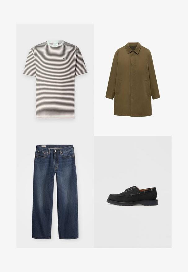 Mantou verde măsliniu, până la genunchi, fabricat dintr-un material neted, având guler cu gât, plachetă frontală ascunsă și două buzunare laterale.; Tricou cu mânecă scurtă și guler rotund, cu dungi orizontale maro și alb și un mic logo verde de crocodil pe partea stângă a pieptului.; Jeans din denim de culoare albastru închis, cu o croială dreaptă, design cu cinci buzunare, nasture metalic și fermoar, și modele subtile de uzură.; Pantofi de bărbați din suede negru, tip mocasin, cu sistem de închidere cu șireturi, ochiuri din metal, cusături contrastante și talpă din cauciuc rugged pentru aderență.