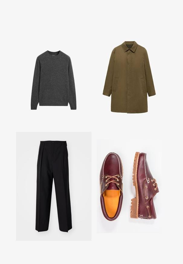 Olivově zelený, kabát do kolen vyrobený z hladké tkaniny, s límečkem, skrytým předním zapínáním a dvěma bočními kapsami.; Tmavě šedý pletený svetr s dlouhými rukávy, kulatým výstřihem a jemným skvrnitým vzorem. Měkká textura a klasický střih, vhodný pro vrstvení.; Černé skládací kalhoty s rovnými, širokými nohavicemi. Vyrobené z hladké tkaniny, se zapínáním na knoflík a poutky na opasek.; Burgundské kožené boty s hnědými gumovými podrážkami, kulatou špičkou, bílým prošíváním a zlatými očky. Interiér obsahuje žlutou podšívku.