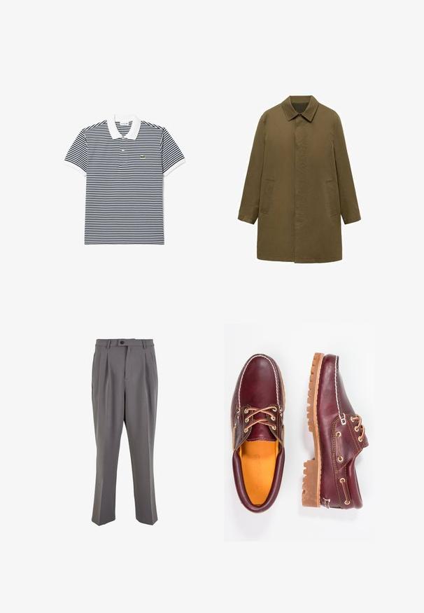 Olivgrön, knä-lång kappa gjord av slät tyg, med krage, dold framknäppning och två sidofickor.; Marinblå och vit randig pološtshirt med klassisk krage, korta ärmar och en liten broderad logotyp på bröstet. Tyg av bomullsblandning.; Grå plisserade byxor i mjukt tyg, med rak passform, en enkel knappstängning och bälteshällor. Minimalistisk design.; Burgundy läderskor med bruna gummisulor, rund tå, vit söm och gyllene öljetter. Inredningen har en gul foder.