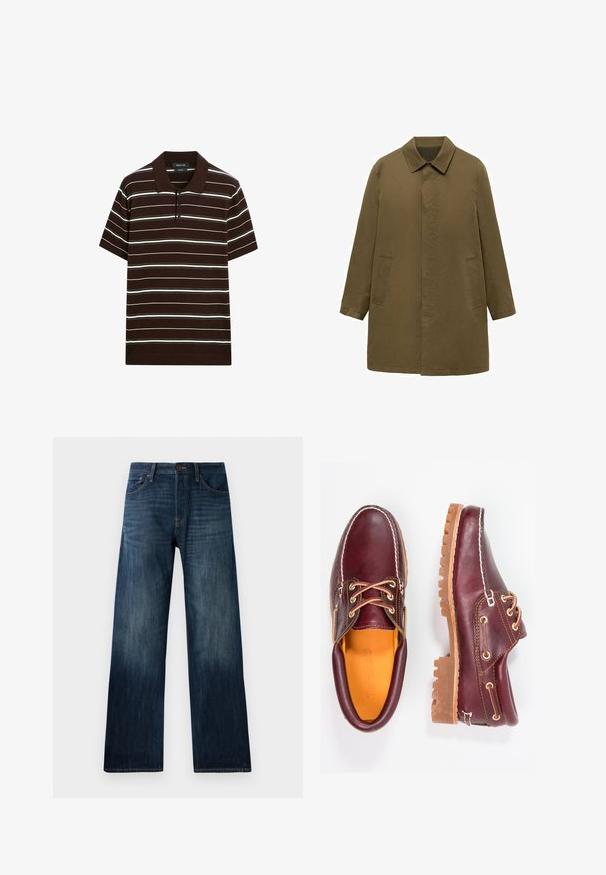 Olivengrøn, knælange frakke lavet af glat stof, med krave, skjult frontlukning og to sidelommer.; Brun kortærmet polo shirt med hvide og lysegrå striber, tre-knap lukning og flad krave. Fremstillet af blødt stof med en afslappet pasform.; Mørkeblå denimjeans med lige ben, der har en let tekstur, bæltestropper og en klassisk fem-lomme stil.; Bordeaux lædersko med brune gummisåler, rund tå, hvid syning og gyldne snøringer. Indersiden har et gult for.