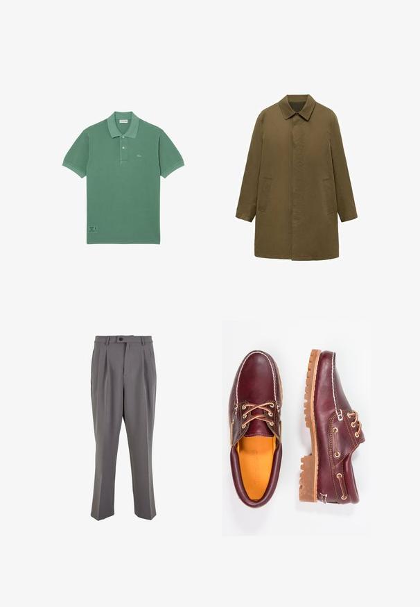 Oliivivihreä, polvenpituinen takki, joka on valmistettu sileästä kankaasta. Takissa on kauluspäällinen, piilotettu etupaneeli ja kaksi sivutaskua.; Vihreä puuvillapolo-paita, jossa on klassinen kolmen napin napitus, lyhyet hihat ja pieni logo vasemmalla rinnalla.; Harmaat pleated-housut, jotka on valmistettu sileästä kankaasta, suoran leikkauksen omaavat, yksittäisellä napilla suljettavat ja vyölenkeillä varustetut. Minimalistinen muotoilu.; Burgundin nahkakengät ruskeilla kumipohjilla, pyöreällä kärjellä, valkoisella ompelulla ja kultaisilla nauha-aukkoilla. Sisäpuolella on keltainen vuori.