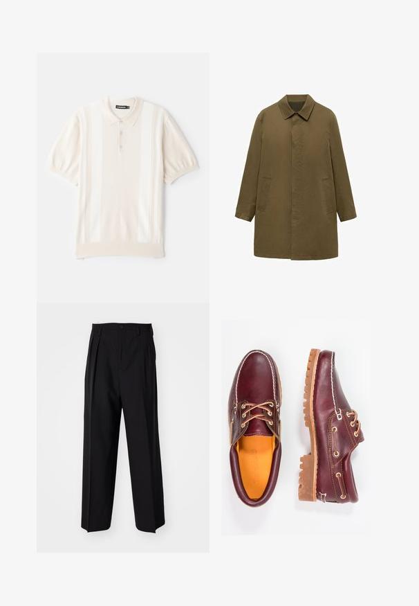 Olivovo zelený kabát po kolená vyrobený z hladkej tkaniny, s golierom, skrytým predným uzáverom a dvoma bočnými vreckami.; Krémová polo košeľa s krátkym rukávom a hladkou textúrou, obsahujúca tri gombíky, jemné vertikálne pruhy a klasický dizajn goliera.; Čierne skladané nohavice s rovnom, širokým strihom. Vyrobené z hladkého materiálu, s gombíkovým zapínaním a pútkami na opasok.; Bordové kožené topánky s hnedými gumovými podrážkami, okrúhlou špičkou, bielym prešívaním a zlatými kovaniami. Interiér má žlté podšívku.