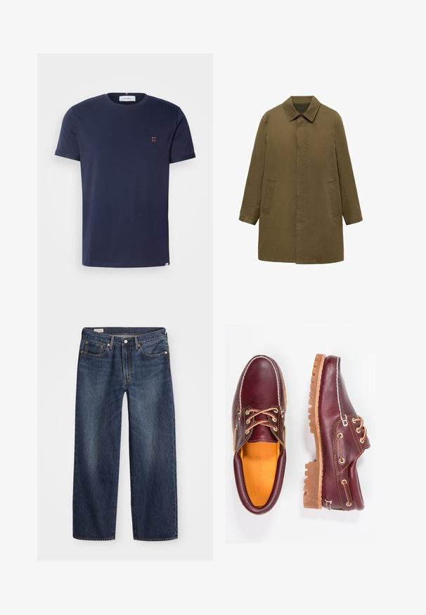 Mantou verde măsliniu, până la genunchi, fabricat dintr-un material neted, având guler cu gât, plachetă frontală ascunsă și două buzunare laterale.; Tricou bleumarin cu mânecă scurtă, fabricat din bumbac moale, având un guler rotund și un mic broderie portocalie "II" pe piept.; Jeans din denim de culoare albastru închis, cu o croială dreaptă, design cu cinci buzunare, nasture metalic și fermoar, și modele subtile de uzură.; Pantofi din piele burgundă cu talpă din cauciuc brun, vârf rotund, cusături albe și gauri aurii pentru șireturi. Interiorul are un căptușeală galbenă.