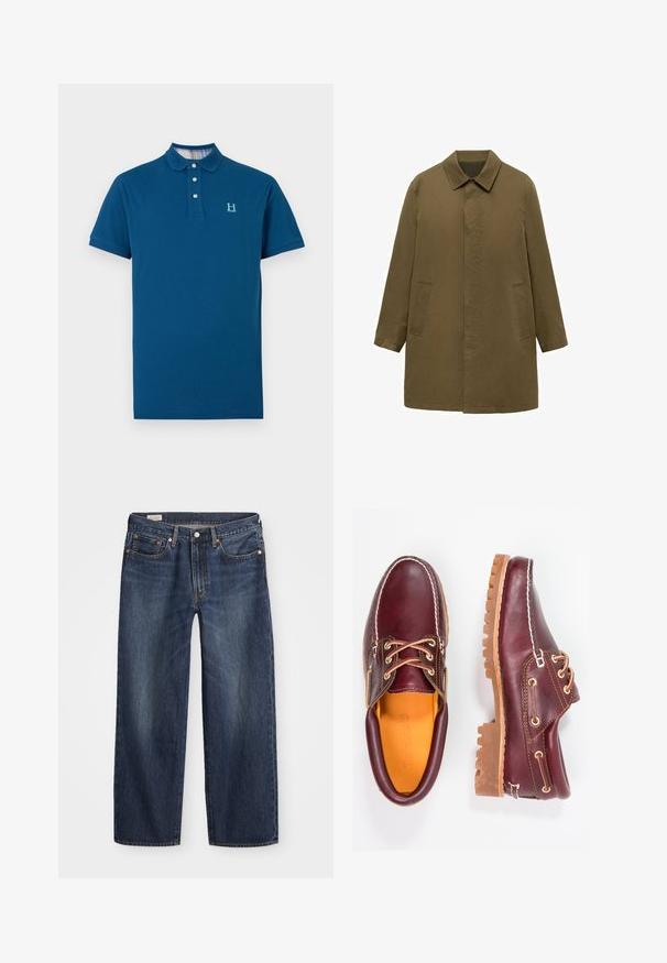 Olivově zelený, kabát do kolen vyrobený z hladké tkaniny, s límečkem, skrytým předním zapínáním a dvěma bočními kapsami.; Námořnická modrá polo košile vyrobená z bavlny, s límečkem na tři knoflíky, krátkými rukávy a texturovaným povrchem s jemným logem.; Tmavě modré džíny z denimu se střihovým středním nohavicím, designem s pěti kapsami, kovovým knoflíkem a zipem, a jemnými vzory žmolků.; Burgundské kožené boty s hnědými gumovými podrážkami, kulatou špičkou, bílým prošíváním a zlatými očky. Interiér obsahuje žlutou podšívku.