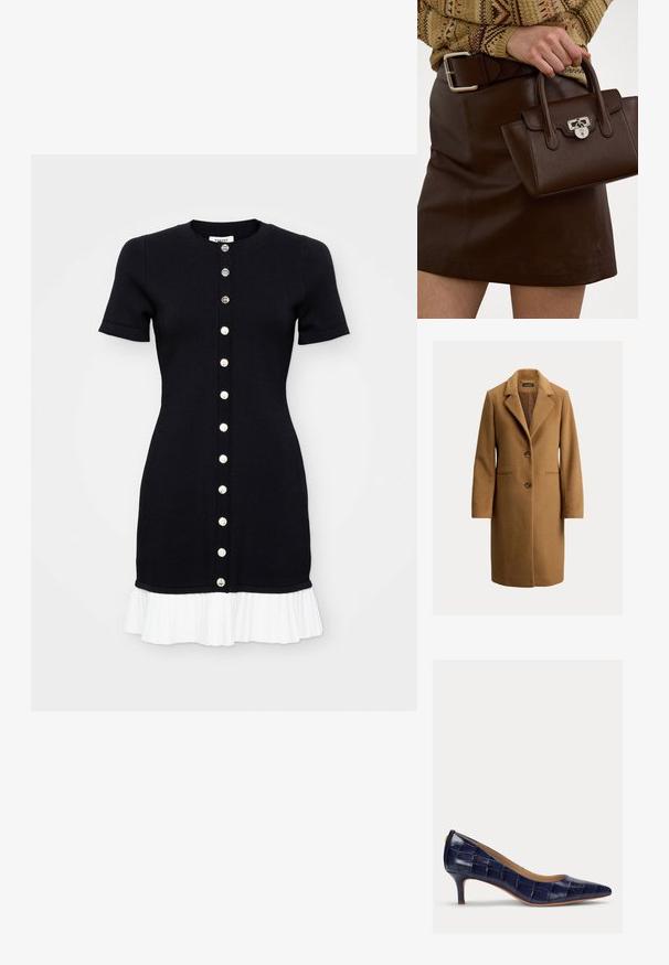 Ruskea villakangastakki, jossa on lovilapeli, kaksi etunappia, sivutaskut ja sileä vuori. Klassinen suora siluetti.; Mustat neulemekko, jossa on lyhyet hihat, pyöreä pääntie ja valkoinen laskostettu helma. Edessä napitus, jossa on kontrastiväriset napit.; Tummansininen, lakattu korkokenkä, jossa on terävä kärki ja pieni, hoikka korko. Sisältää tikatun tekstuurin eikä siinä ole näkyviä metalliosia.; Ruskea nahkainen käsilaukku, jossa on teksturoitu pinta ja hopeiset yksityiskohdat, pidetään kädessä ruskean nahkahameen ja kuviollisen neuleen vieressä.