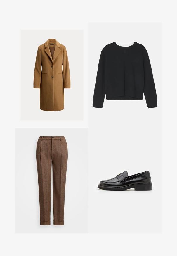Rjav volnen plašč z zaznamkom na ovratniku, dvema sprednjima gumboma, stranskima žepoma in gladko notranjo podlogo. Klasična ravna silhueta.; Črn pulover s long sleeves, okroglo ovratnikom in rahlo krajšim robom. Narejen iz mehkega materiala, z diskretno logotipno podrobnostjo na sprednji strani.; Svetlo rjave karirane hlače s prilagojeno prilegajočo obliko, ki vključujejo nabiranje, gumbasto zapiranje in manšete na dnu. Teksturičen material z oranžnimi poudarki.; Črne patentne usnjene loaferje z gladkim finišem, s šivanim detajlom spredaj in nizko blokasto peto za podporo. Zlati dodatek na naramnici.