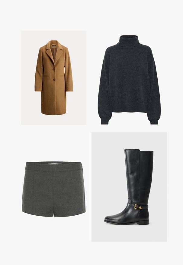 Hnědý vlněný kabát s klopovým límcem, dvěma předními knoflíky, bočními kapsami a hladkým vnitřním podšíváním. Klasický rovný silueta.; Gestuz MANZI ROLLNECK - Svetr - deep graphite; Šedé střižené šortky z texturované látky, s plochým pasem a rovnými nohavicemi, bez kapes nebo ozdob.; Černé kožené kozačky po kolena s detailním zlatým sponou. Design je štíhlý a elegantní, umístěný na bílém pozadí.