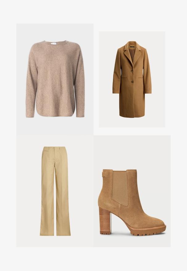 Rudas vilnonis paltas su iškirpte, dviem priekiniais mygtukais, šoniniais kišenėmis ir lygiu vidiniu pamušalu. Klasikinė tiesi siluetas.; Davida Cashmere CURVED SWEATER - Džemperis - mink; Kreminės spalvos plačios kojos kelnės, pagamintos iš lygaus medvilnės, su klasikiniu juosmeniu ir užpakaline kišenėle, tiesiu kirpimu ir minimaliu dekoru.; Smėlio spalvos zomšos kulkšnės botas su blokiniu kulnu, elastine šonine dalimi ir guma padu, turinčiu protektoriaus raštą sukibimui.