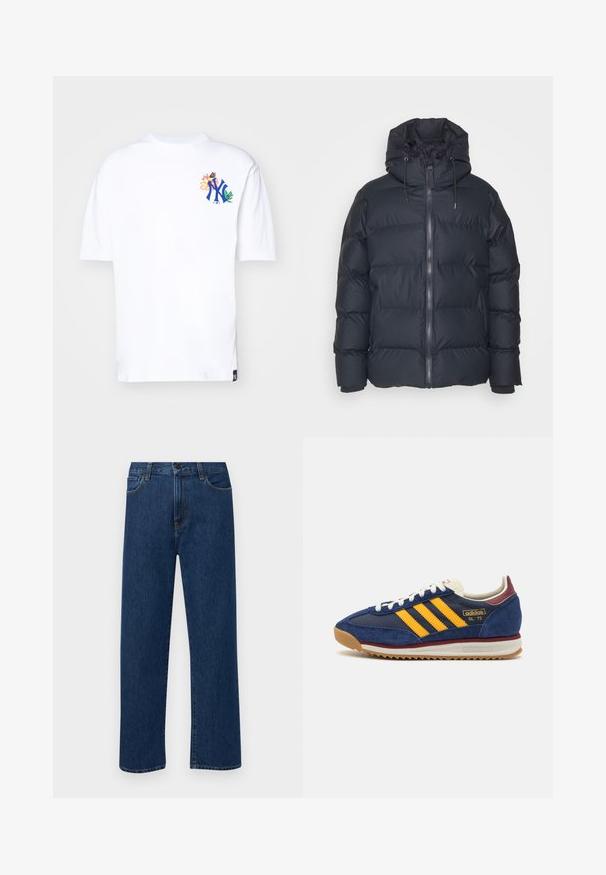 Rains ALTA PUFFER JACKET UNISEX - Chaqueta de invierno - navy; Camiseta de algodón blanca con un logo azul de NY y bordado floral en rosa, amarillo y verde. Mangas cortas y cuello redondo.; Jeans de denim de pierna recta en azul oscuro con bolsillos delanteros y cierre de botón, exhibidos sobre un fondo blanco liso.; Zapatilla de ante azul marino con rayas amarillas, cordones blancos y acentos burdeos. Suela texturizada con surcos para tracción. Logo de la marca en el lateral.