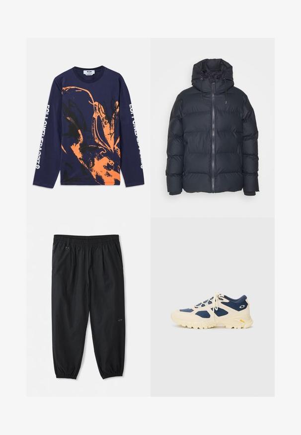 Rains ALTA PUFFER JACKET UNISEX - Vinterjakke - navy; Marineblå langermet T-skjorte laget av bomull med et oransje og svart abstrakt design. Teksten på ermene leser "FØLG KANINEN."; Sorte, uformelle bukser med elastisk liv som har sidelommer, elastiske mansjetter ved ankelen, og en liten logo på høyre lår.; Oakley SIERRA TERRAIN - Joggesko - team navy