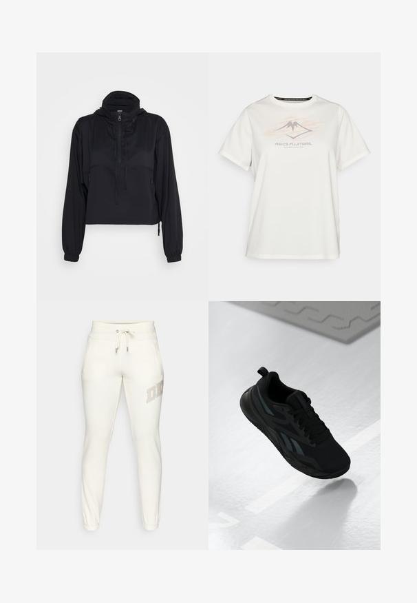 Fekete, rövidített pulóver magas gallérral, elől cipzárral és megkötő zsinórokkal. Hosszú ujjú, elasztikus mandzsettákkal és oldalpockets-szel rendelkezik.; ASICS FUJITRAIL LOGO TOP - Sportfelső - cream; Fehér melegítőnadrág, húzózsinórral a deréknál, elasztikus mandzsettákkal, oldalsó zsebekkel és bal combon strasszkövekkel díszített "DKNY" logóval.; Fekete sportcipő hálós felső résszel, textúrált részletekkel és lapos talppal. Tonális logóval és húzófüllel a sarkán.