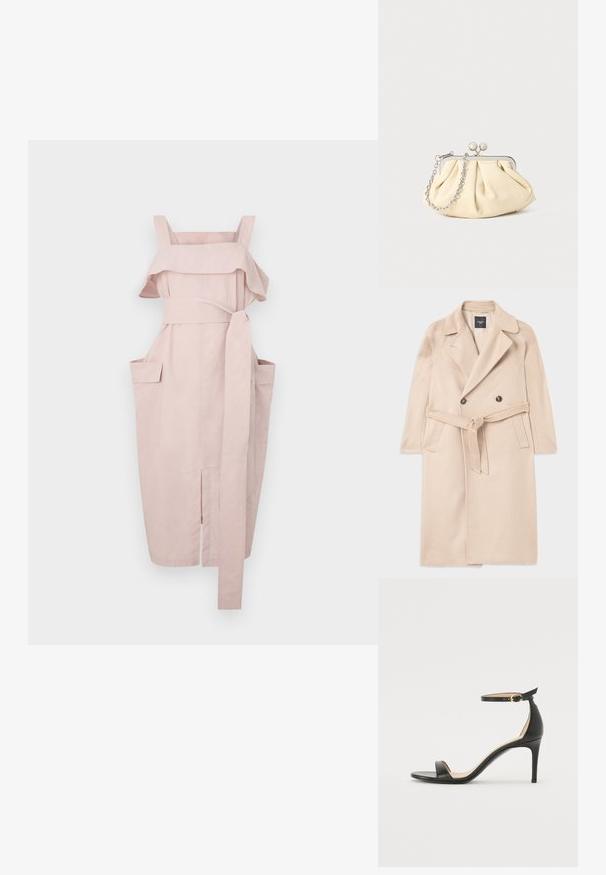 Beige villasekoitteinen takki, jossa on tuplakaitaleinen muotoilu, lovet kaulukset, vyötärönaru ja sivutaskut. Silkkinen rakenne ja keskipitkä tyyli.; Vaaleanpunainen mekko, jossa on röyhelökaula-aukko, leveät hihnat, solmittava vyötärö ja kaksi sivutaskua. Mekossa on suora leikkaus ja halkio helmassa.; Musta nahkainen korkokenkä nilkkahihnalla. Sen pinta on sileä, avotoppi ja ohut korko. Kultasävyinen solk yksityiskohtana.; Beige nahkaista kassi, jossa on laskostus ja hopeinen metallirunko, kaksi pyöreää koristeellista solkea sekä hopeaketjuolkayh.